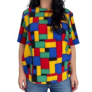 Kathy Che 80s Vintage Multicolor Abstract Short Sleeve Retro Blouse